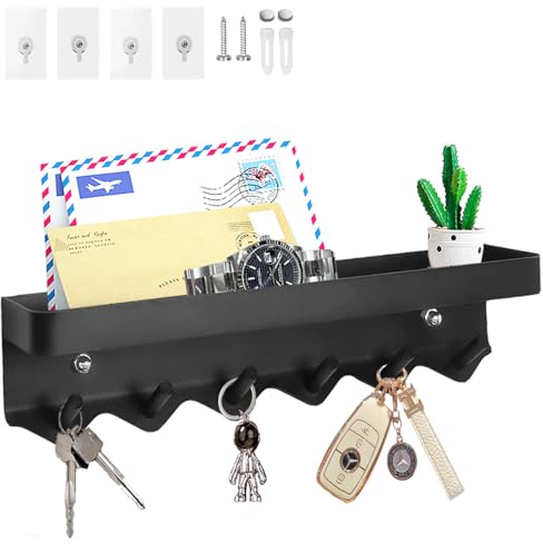 Echehi 6 Hooks Key Holder, Self Adhesive or Drilling 2 Ways Installation Wall Key Rack, Key Hooks Wall Mounted for Entrance Area, Kitchen (Black)