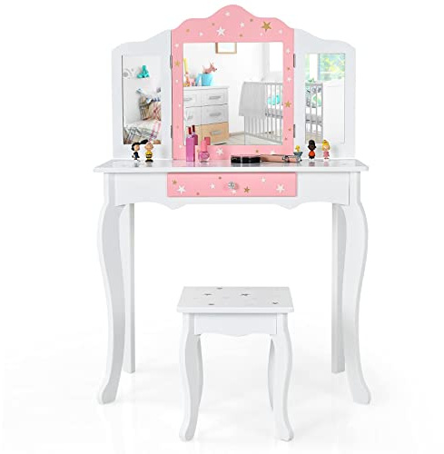 HONEY JOY Kids Vanity, Wooden Princess Makeup Dressing Table with Stool & Drawer, Tri-Folding Mirror, Detachable Top, Toddler Pretend Play Vanity Set for Little Girls (White)