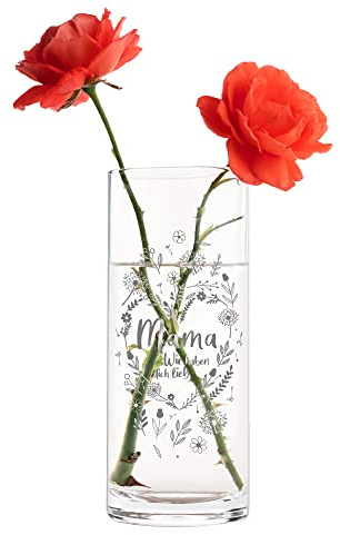 Casa Vivente Runde Blumenvase mit Gravur für Mama, Wir haben Dich lieb, Glasvase für Schnittblumen, Deko-Vase zum Muttertag