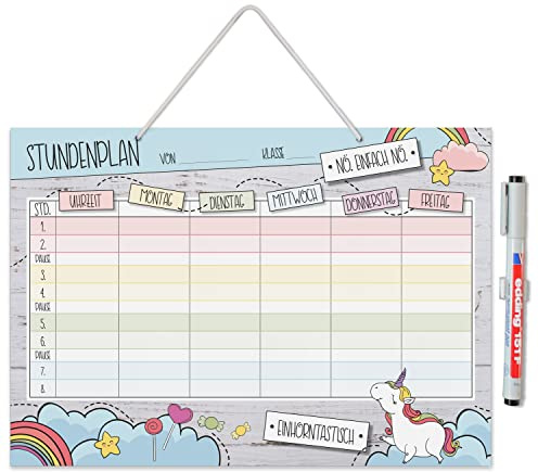 younikat Stundenplan abwischbar zum Aufhängen Einhorn Nö - DIN A4 - dv983 | Wiederbeschreibbar, Digitaldruck, Whiteboard-Oberfläche, mit Aufhängung, zum Schulanfang, Einschulung, inkl. Stift