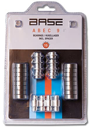 BASE Kugellager ABEC 9 inkl. Spacer, 16er Blister Pack, ideal für Inline-Skates, Skateboards und Roller, silber
