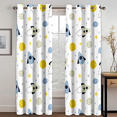 Yanyan Art Tende oscuranti Cartoon Blue Space Rocket Planet Kids Girl Bambini 2 pezzi Tenda per finestra ombreggiante per soggiorno WxH/2x80x130cm