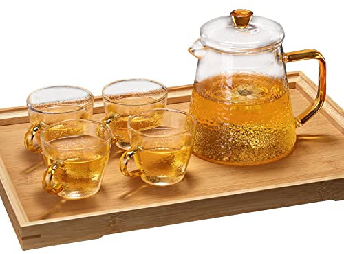 Teekanne aus Glas, 300 ml + 4 Teetassen + Palette aus Holz, Teeservice aus Borosilikatglas, mit einem abnehmbaren Sieb aus Edelstahl, Teesieb, beste Geschenkbox mit Teeblumen (S)