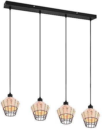 Reality Leuchten Pendelleuchte Borka R31264036, Metall Schwarz matt, Rattangeflecht naturbelassen, exkl. 4x E27 |