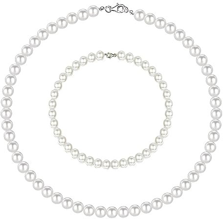 Perlenkette Herren 6 mm Perlenkette Männer, Perlenkette Für Herren Faux, 16 Zoll Perlen Ketten Herren, Perlen Kette Herren Unisex-Perlenkette Pearl Necklace mit 1 Perlen Armband, Stilvoll und Zeitlos