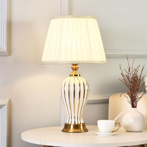 Chao Zan Klassische Tischlampe Lampenschirm mit Stoffschirm keramischer Lampenfuß - D30 x H52 - E27 Lampe - ohne Leuchtmittel (Weiß)