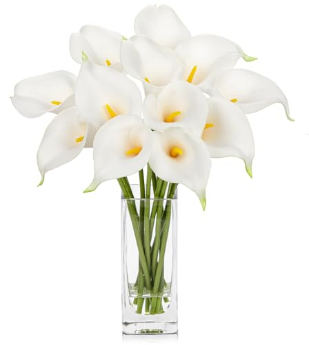 Hollyone 12 pcs Artificial Calla Lilies with Glass Vase Realistic Fake Flowers, Real Touch White Faux Flowers in Vase for Home, Living Room, Wedding, Centerpiece, Office, Party Decorations