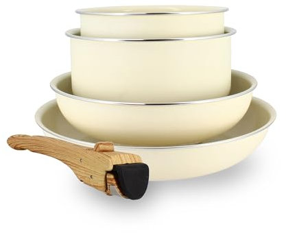 MENASTYL - Batterie de Cuisine Amovible Empilable - Tous Feux Dont Induction - Revêtement Céramique Antiadhésif sans PFAS - Gamme Colorama - Couleur Crème - 2 Poêles + 2 Casseroles + 1 Poignée