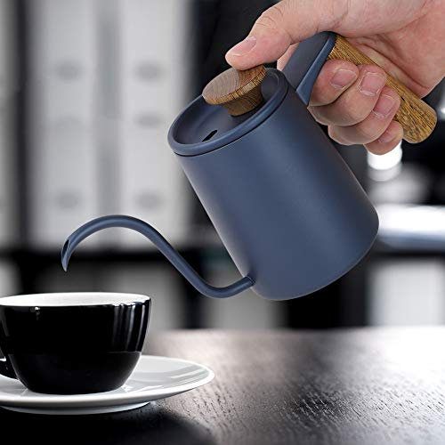 350ml Fashion Stainless Steel Handle Drip Coffee Pot Long Gooseneck Spout Kettle Black Ergonomic Design Outer Coating Double Spout Pot Fashion Steel Kettle Black Coffee (Blue)