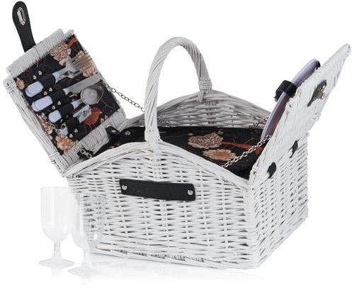 CampFeuer Picknickkorb 2 Personen mit Geschirr-Set und Kühlfach | 12-teilig | Weiß | Picknickkoffer, Weidenkorb mit Kunstlederriemen | Picknicktasche, Picknick Set, Picknickzubehör, Komplettset