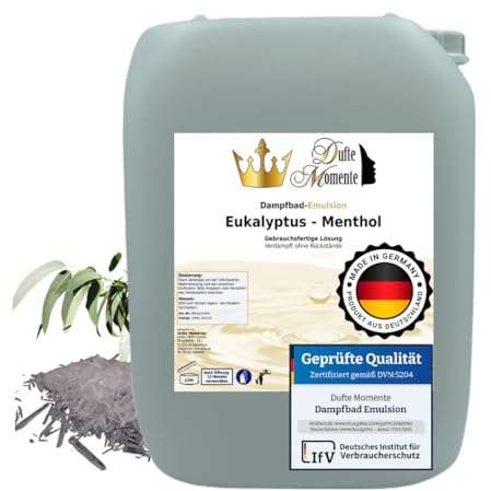 Dufte Momente | Dampfbad Emulsion 10 Liter Eukalyptus-Menthol | geprüfte Qualität | mit naturreinen und natürlichen ätherischen Ölen | gebrauchsfertig | vegan und ohne Tierversuche