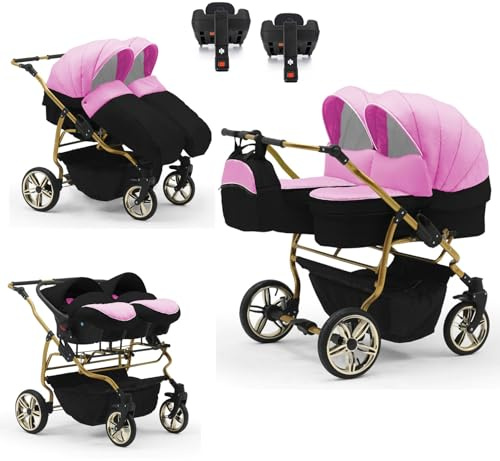 Zwillingskinderwagen 5 in 1 Duet Lux Goldedition inkl. Autositze und Iso Bases - 14 Teile - in 20 Farben
