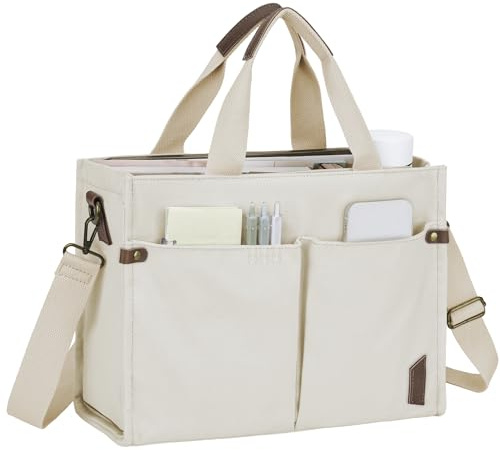 VASCHY Tote Bag Mujer Casual con Cremallera, Bolso Universidad Portátil de Lona Correa Desmontable Multibolsillos para Trabajo Viaje, Beige