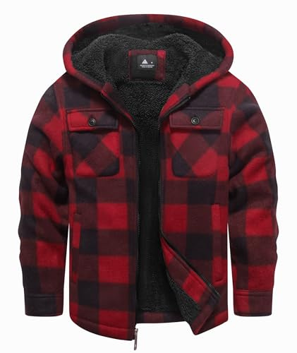 zitysport Veste Chemise Garçon Épaisseur Hoodie Veste à Carreaux Enfants avec Fermeture Flanelle Chaude Garçons Sweat Capuche Extérieure Vestes d'hiver Doublées Pour Garçon Poche(Rouge 2XL)