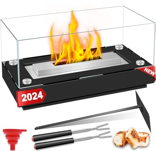 BIAOQINBO Tischkamin, Ethanol für Indoor & Outdoor Mit 4-Seitigen Gehärteten Gläsern, Bioethanol Tischfeuer Tragbarer Kamine Tisch-Dekofeuer - Schwarz