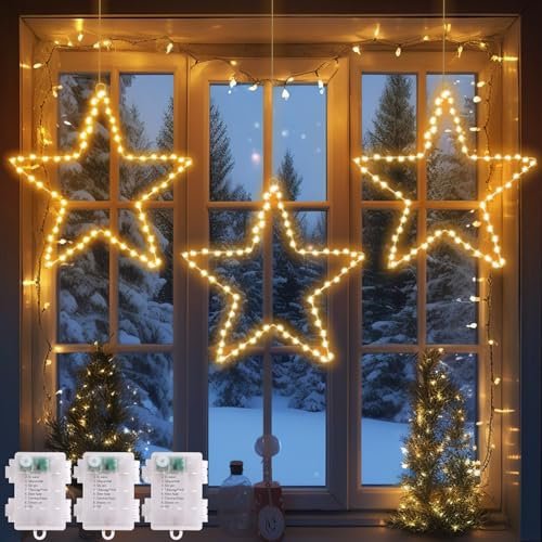 CHMMY Weihnachtsbeleuchtung Fenster, 3Pack LED Weihnachtsdeko Fensterlichter mit Warmweiße 40 LED Stern Lichter 8 Modi Weihnachtsstern Fensterlichter für Weihnachtsdeko Innen Balkon Party Hochzeit