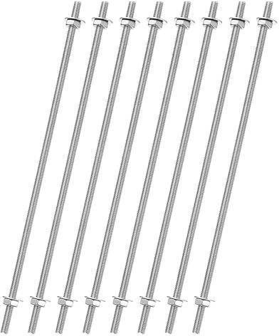 sourcing map 8pcs 8/32 Inch M4 Threaded Rods with 40pcs Hex Nuts and Washers 10 Inch 201 Stainless Steel Full Threads Right-Hand Thread for Hangers, U-Bolts, Beaded Garden Stake Rods, Silver