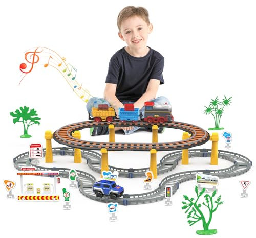 JONRRYIN Kinder Eisenbahnschiene Zug Spielzeug Set, Autorennbahn Spielzeug mit Zug&Autobahnautos, für Kinder 5 6 7 8 10+Jahre Geschenk (67 Stück)