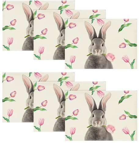 Artoid Mode Tulpe Hase Ostern 6er Set Platzsets, Saisonaler Frühling Küche Tisch Dekoration Drinnen Urlaub Party Dekor 30x45cm