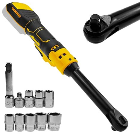 Akku Ratschenschlüssel für Dewalt 20 V Akku, 3/8 Zoll verlängerter elektrischer Ratschenschlüsselsatz mit LED-Licht, 9 10 11 12 13 14 15 17 mm Stecknüssen, 320 U/min, 80 N.m (Keine Batterie)
