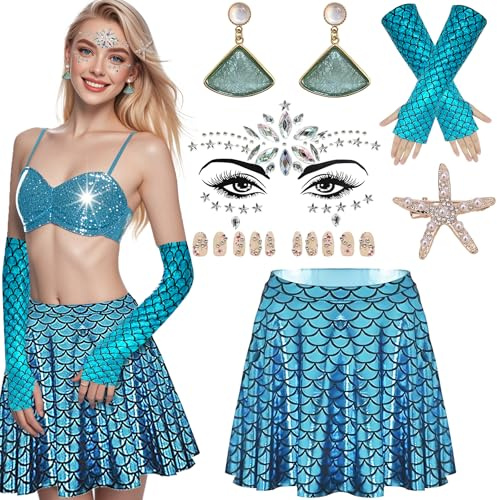 ZeiLaBang Kakadi Damen Meerjungfrau Kostüm, Fischschuppen Rock, Seestern Haarschmuck, Glitzer Gesicht Sticker, Seestern Ohrringe, Handschuhe Meerjungfrau, Halloween, Karneval, Mottoparty Cosplay