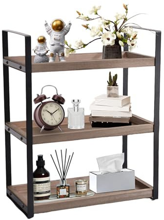 Étagère sur pied à 3 niveaux, en bois et en métal, pour cuisine, salle de bain, plan de travail, étagère de salle de bain, rangement cosmétique (couleur bois foncé)