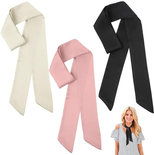 Abeillo 3 pz tinta unita lungo fazzoletto da collo sottile sciarpa collo nastro fascia cravatta cinture di raso borsa Wrap accessorio, nero, beige, rosa, 90 cm