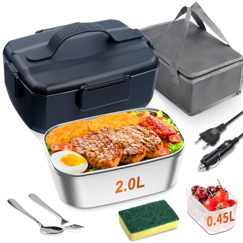 ihakkason Fiambrera Eléctrica de 90W de Gran Capacidad, 3 en 1 Fiambreras Comida Trabajo, 12V/24V/220V Taper Eléctrico para Comida con Extraíbles para Coche y Oficina (Negro, 2 L)