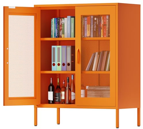 Metall Kommode 80 cm Breit, Aufbewahrungsschrank Sideboard mit 2 Mesh-Türen, Metallschrank in Orange, Mehrzweckschrank mit flexiblen Einlegeböden, Aktenschrank & Büroschrank für zu Hause und Büro