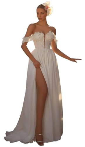 TANPAUL Brautkleider Schulterfrei Spitze Hochzeitskleider Damen Chiffon Standesamt Brautkleid mit Schlitz Weiß 36