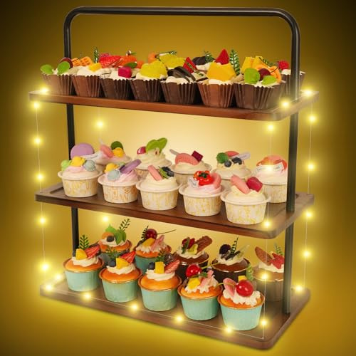 Cupcake Stand, Mehani 3 Tier Wooden Cup Cake Display Stand with LED lights, Platter with Metal Handle, Dessert Stand for Christmas, Wedding, Birthday, Afternoon Tea, Party Serving Tray-3M Yellow Light