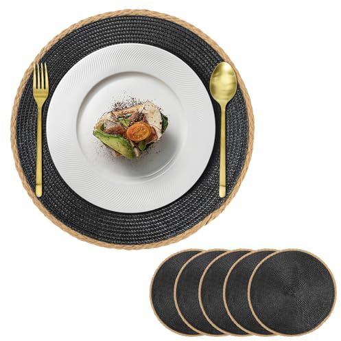 Manteles Individuales Juego de 6 Salvamanteles Individuales Redondos Lavables Resistentes Al Calor Antideslizantes Placemat para Bodas en Granjas, Decoración de Mesas de Comedor, Cocina Casera Negro