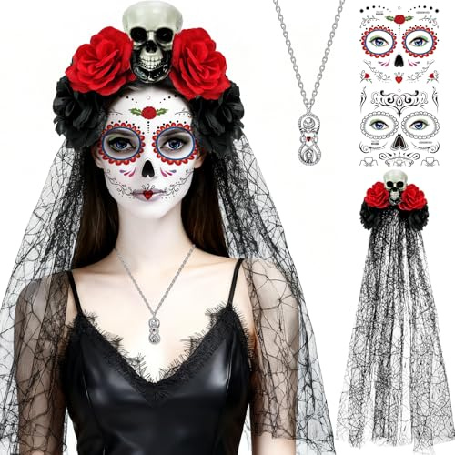 ZLPBAO Jour des Morts Bandeau, Lot de 4 Kit de Bandeau de Cheveux Jour des Morts, Halloween Tatouage Temporaire pour Visage, pour Halloween Costume Jour des Morts