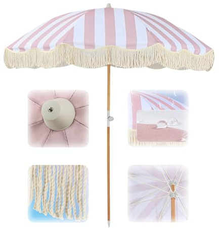 Parasol de plage portable avec franges - Rayé rose et blanc - Parasol de jardin UPF 50+ avec poteau en bois de 3,2 cm - 2 m