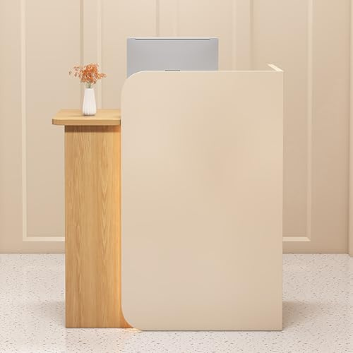 Empfangstresen aus Holz mit Schubladen und Schrank, Büro-Empfangstresen für Geschäfte, Hotels und Konferenzräume, linke Seite, 100 × 45 × 100 cm, stilvoll und funktional, Beige