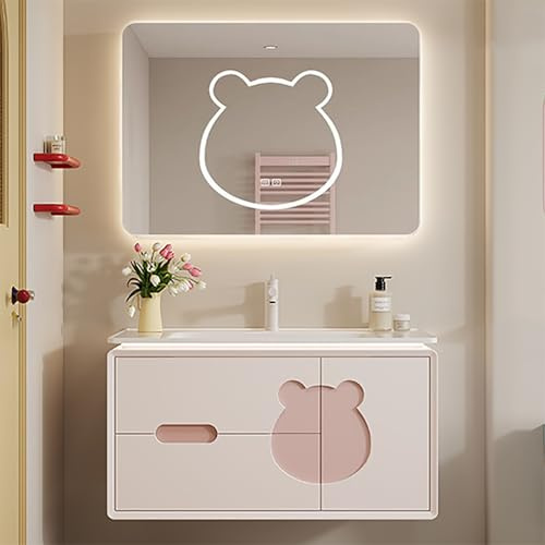 ZKBDBWTR Mobile Bagno con Lavabo - Mobile Bagno Sottolavabo in Legno Massello con 2 Vassetti, Grazioso Design a Forma di Orso | Include Funzione Antiappannamento e Luce LED