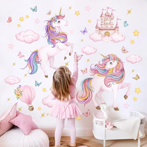 Tanlaby Einhorn Wandtattoo Schloss Wolken Pony Schmetterling Wandsticker | Märchenhaft Deko für Mädchenzimmer Babyzimmer Schlafzimmer Wohnzimmer