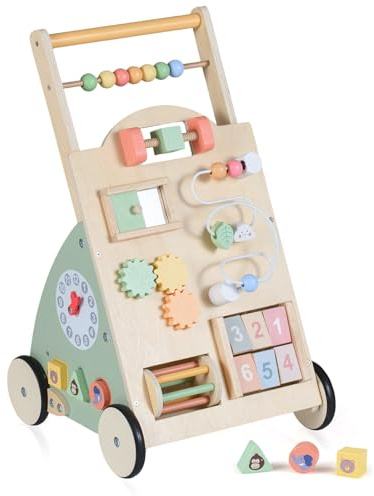 FANTASK Passeggino in legno per bambini a partire da 1 anno, con tavola attiva, ruote e cestino, Centro attività Montessori, giocattolo per primi passi
