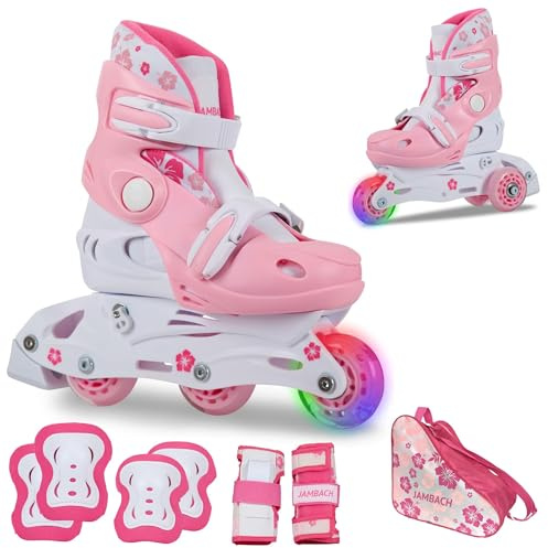 JAMBACH Kinder Inliner Set mit Protektoren verstellbar zum Rollschuh mit LED (Rosa, XS (26-29))