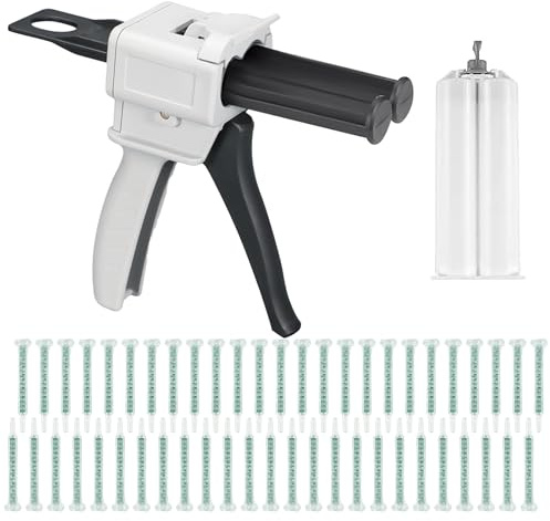 MIPIACE Pistola de Pegamento Epoxi AB Tubo Doble 50 ml con 50 Boquillas Mezcladoras Pistola Dispensadora de Mezcla Pegamento Mezclado Mango Adhesivo Mezclado 1:1 Boquillas Bicomponente