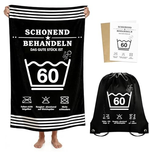 Geschenke zum 60 Geburtstag für Männer & Frauen - 160 x 80cm Mikrofaser Schwarz Strandtücher Leicht Weiches | Aufbewahrungsbeutel | 60. geburtstag Karte, Lustige Geschenk - Schonend Behandeln 60