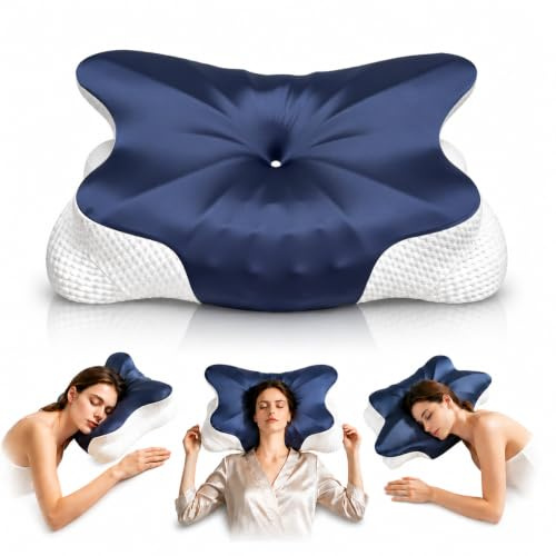 Ergonomisches Kopfkissen - Zwei Höhen Seitenschläferkissen mit Kühlender Eisseide-Bezug, OEKO-TEX Starand 100 Memory Foam Nackenkissen für Seiten, Rücken & Bauchschläfer, Mitternachtsblau-Weiß