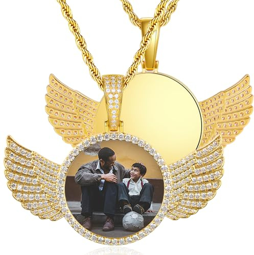 YIMERAIRE Photo Necklace Personalized for Women Men 18K Gold Plated Angel Wing Custom Picture Pendant Circle Chain Memorial Hip Hop Necklace Keepsake