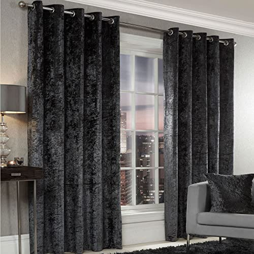 Alan Symonds Home Crushed Velvet Lined Eyelet/Ring Top Curtains Pair Charcoal 66 Width x 54 Drop