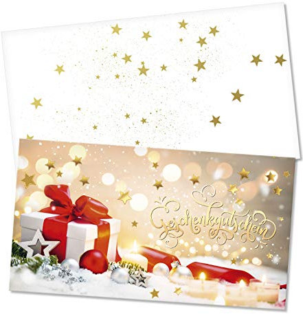 GESCHENKGUTSCHEINcom by POS-HAUER. Gutschein-Set. 100x Gutschein + Kuvert. Für Weihnachten Xmas, blanko zum selbst Ausfüllen.