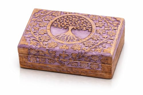 Tolles Geburtstagsgeschenke Handmade dekorative hölzerne Schmuckkiste Baum des Lebens schnitzen Schmuck Organizer Andenkenbox Schatztruhe Schmuckstück Halter Storage Lock Box Housewarming (Violet)