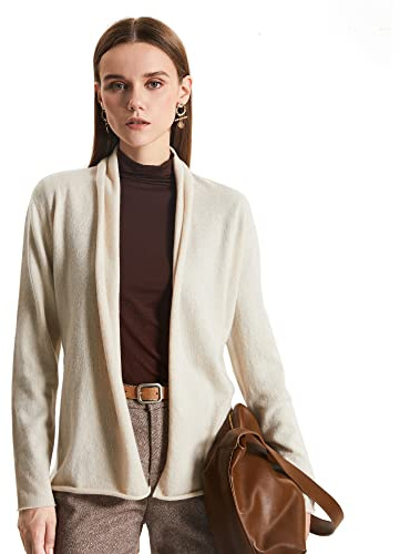 GreenMount Women's Cashmere Cardigan Lightweight Short Open Cardigan Recycled Cashmere Long Sleeve Sweater for Women with Belt