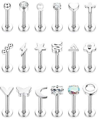 JeryWe 18pcs 16G internamente barrette per labbra Piercing Labret Stud Piercing corpo in acciaio inox per donne uomo Tragus Helix Conch Earring 7MM s