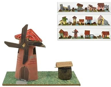 Christmas Decoration Set 4 Case Scenario Presepe Mulino Ruscello Altezza 8cm in Legno e Cartone Casa Presepe Natale