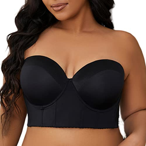 SEA BBOT Strapless Longline Bra for Women Back Smoothing Underwire Corset Bra Seamless T-Shirt Bra Black 36DD